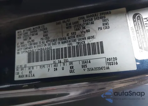 2001 Ford E-250 Commercial/Recreational from USA, damaged, VIN 1FTNS24L11HB64442